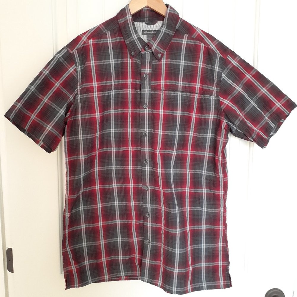 Eddie Bauer Short Sleeve Button Up Shirt Red Gray Plaid Size TL Tall